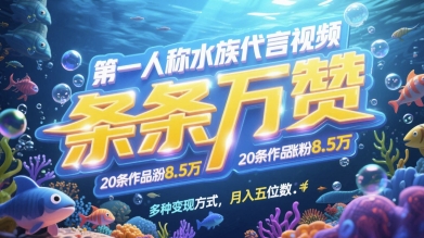 第一人称水族代言视频，条条万赞，20条作品涨粉7.8W，多种变现方式月入五位数优创云网-专注分享网络创业项目落地实操课程 – 全网首发_高质量创业项目输出优创云网