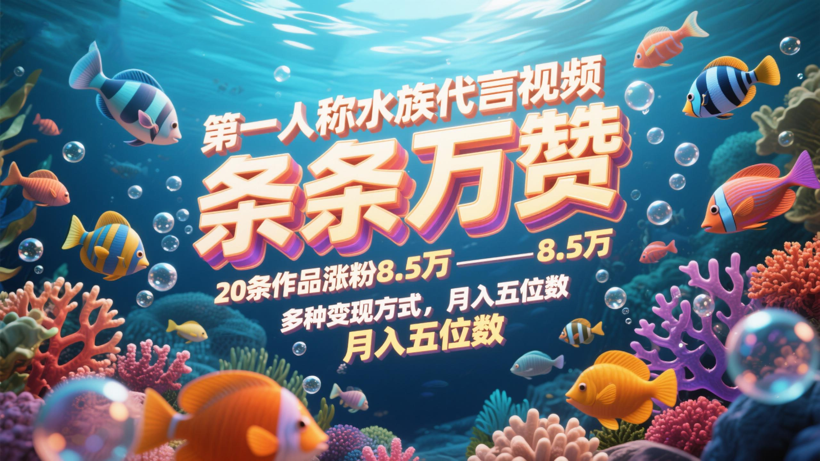 第一人称水族代言视频，条条万赞，20条作品涨粉8.5万，多种变现方式月，入五位数优创云网-专注分享网络创业项目落地实操课程 – 全网首发_高质量创业项目输出优创云网