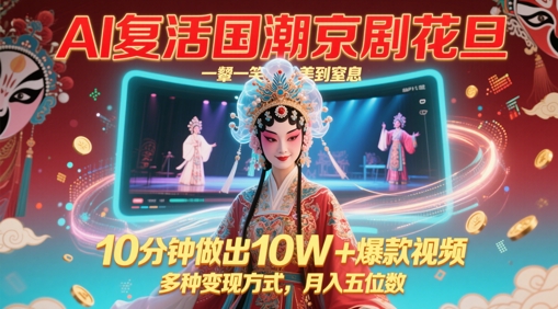 AI复活国潮京剧花旦，一颦一笑美到窒息，10分钟做出10W+爆款视频，多种变现方式，月入五位数优创云网-专注分享网络创业项目落地实操课程 – 全网首发_高质量创业项目输出优创云网
