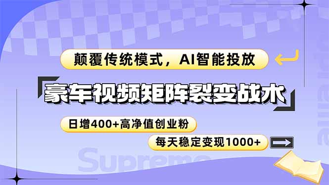豪车视频矩阵裂变战术，颠覆传统模式，AI智能投放，日增400+高净值创业…优创云网-专注分享网络创业项目落地实操课程 – 全网首发_高质量创业项目输出优创云网