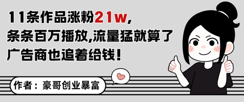 11条作品涨粉21W，条条百W播放，流量猛就算了，广告商也追着给钱优创云网-专注分享网络创业项目落地实操课程 – 全网首发_高质量创业项目输出优创云网