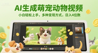 AI生成萌宠动物视频，小白轻松上手，多种变现方式，日入4位数优创云网-专注分享网络创业项目落地实操课程 – 全网首发_高质量创业项目输出优创云网