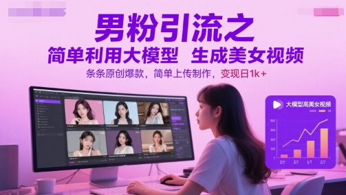 男粉引流之简单利用大模型生成美女视频，条条原创爆款，简单上传制作，变现日1k+优创云网-专注分享网络创业项目落地实操课程 – 全网首发_高质量创业项目输出优创云网