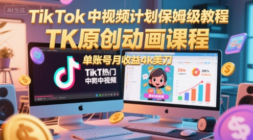 TikTok中视频计划保姆级教程，TK原创动画课程，单账号月收益4k美刀优创云网-专注分享网络创业项目落地实操课程 – 全网首发_高质量创业项目输出优创云网