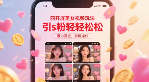 四开屏美女视频玩法，引s粉轻轻松松，暴力掘金，手机操作【揭秘】优创云网-专注分享网络创业项目落地实操课程 – 全网首发_高质量创业项目输出优创云网